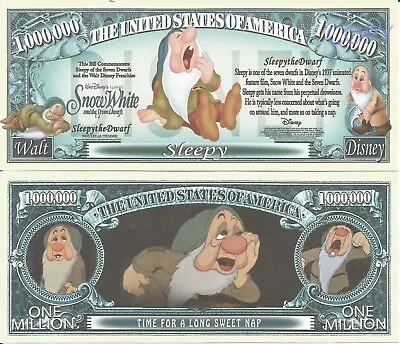Sleepy Snow White Seven Dwarfs Commemorative Million Dollar Bills X 2 1937 Film • £1.99