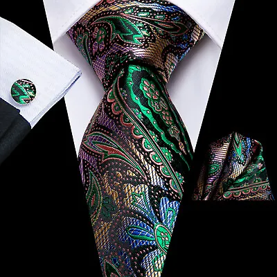 $10.99 • Buy Mens Silk Tie Green Muti-Color Paisley Necktie Hanky Cufflinks Gift Work Set