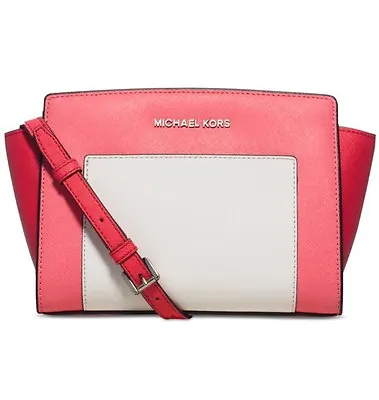 Michael Kors Selma Pocket Md Messenger Crossbody Coral Watermelon White $248 • $128