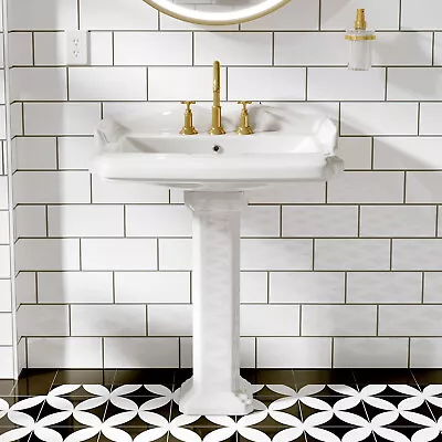 35.4in Tall White Rectangular Vitreous China Pedestal Bathroom Sink W/ Overflow • $199.99