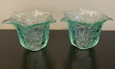 Vintage Green Glass 2 Votive Cup Candle Holders 3” Floral Textured Glass • $8