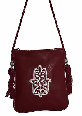 Moroccan Handbag Faux Leather Shoulder Bag Purse Embroidered Hamsa Burgundy • $9.99