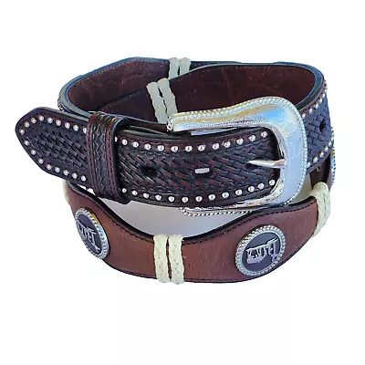Western Ranger Tooled Scalloped  Brown Leather Belt Basket Weave Billet Size 34 • $32.40
