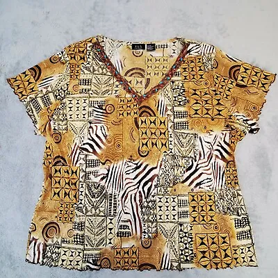 RQT Top Womens 3X Tribal Tiger Striped Beaded V-Neck Short Sleeve Blouse  • $10.55