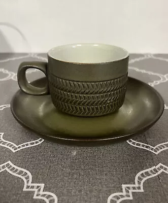 Vintage Denby Chevron Cup & Saucer Rustic Green Brown Small  7.5 Cm Width Cup • £10.99