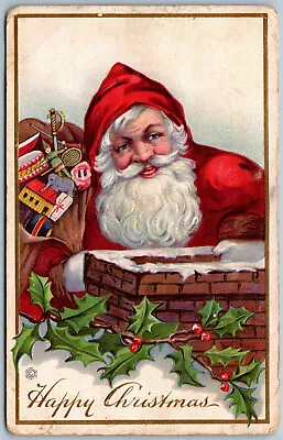Happy Christmas Santa & Chimney Antique Embossed Postcard Toys Stecher 519 B • $7.99