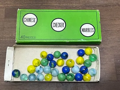 Vintage Box Of Chinese Checkers Marbles Made In Japan! 31 PeeWee Marbles In Box • $30