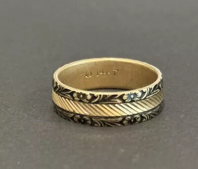 Vintage 14k Yellow Gold And Black Enamel Gold Band Infinity Floral Sz 10.5 7.7gr • $36