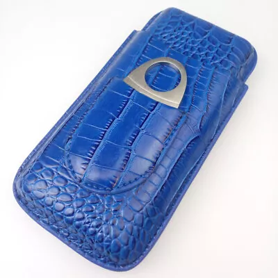Travel Portable Cedar Wood Leather Cigar Case Holder 3 Tube Blue Humidor Cutter  • $26.57