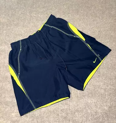 Nike Running Shorts Mens Size Medium Navy Brief Lined Pockets Bright Yellow Trim • $18.88