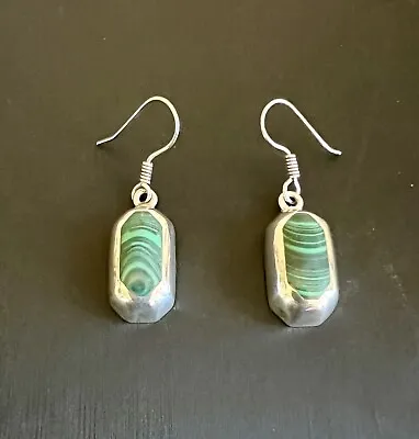 Vintage Mexican Malachite Dangle Earrings Sterling Silver • $32.99