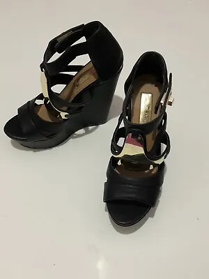 £24 • Buy Miss Selfridge Margo Black Leather High Wedge Sandal Heels With Gold Strap Uk 5 