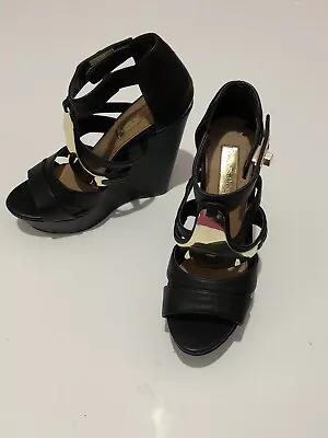 Miss Selfridge Margo Black Leather High Wedge Sandal Heels With Gold Strap Uk 5  • £24