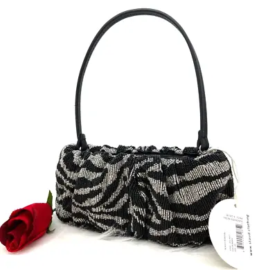 $169.99 • Buy AUTH NWT Staud Zebra Bean Beaded Convertible Top Handle Clutch Bag In Black