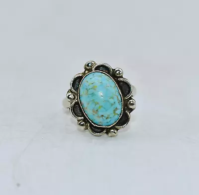 Turquoise Sterling Silver Scalloped Vintage Mexican Ring Size 7-1/4 • $54.40