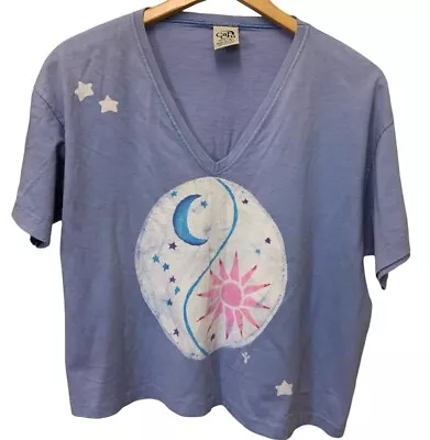 Vintage 90’s Purple Sun  And Moon  Print Crop Cat T-shirt Boho  Calcru Large • $19
