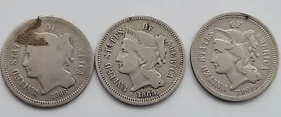 Lot Of 3 U.s 3 Cent Nickels . (2) 1869 & 1868 • $17.38