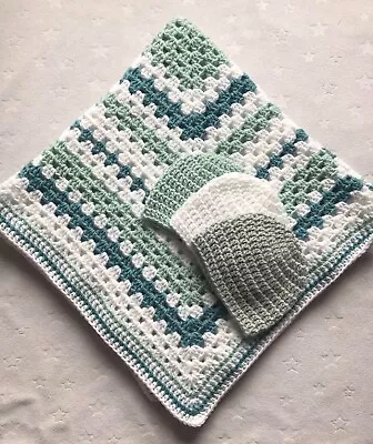 Crochet Baby Blanket Gift Set - Seascape And White - Blanket And Hats • £10