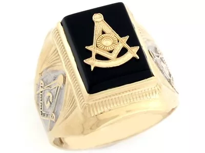 10k Or 14k Two Tone Real Gold Past Master Freemason Masonic Onyx Mens Ring • $409.99