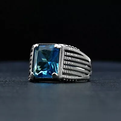 Solid Sterling 925 Silver Mens Jewelry Lab Created Blue Sapphire Gem Men's Ring • $36