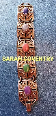 Vtg Sarah Coventry  Granada  Antique Goldtone Multi Color Cab Panel Bracelet • $10