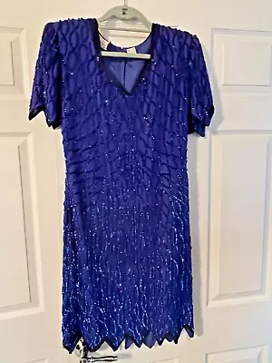 Lawrence Kazar-Women's-Vintage-Sequined Silk Dress-Cocktail-Party-Blue-Medium • $20