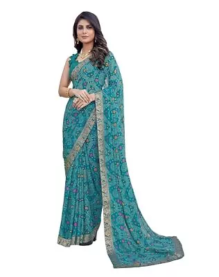 Women's Trendy Jacquard Lace Printed Georgette Saree With Blouse Piece Rama • £23.40