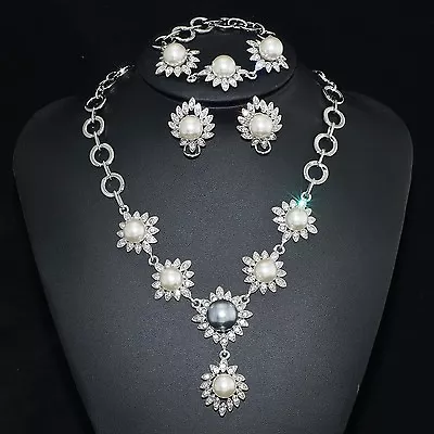 VP37 S. Crystal 18K WGP Sun Flower Earrings Bracelet Necklace Set • $24.99