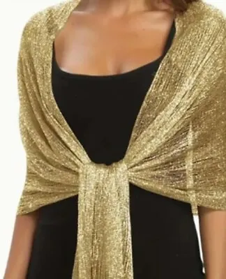 Beautiful Gold Silky Fringe Metallic Cover Up Long Shawl Button Wrap One Size • $16.95