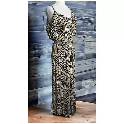 MICHAEL Michael Kors Maxi Dress Cold Shoulder Zebra Print Bead Strap Women's Lg • $33.99