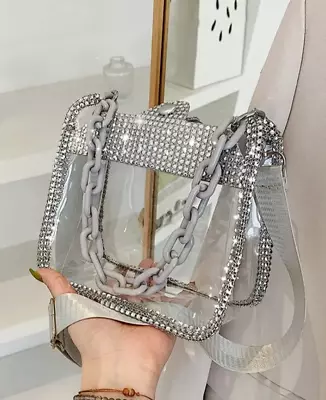 Clear PVC Rhinstone Bag Womens Transparent Crossbody Purse Stadium Security Gray • $12.90