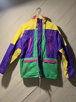Vintage Anuy Rain Jacket 90s Nylon Oldschool Colorblock Green Pink Purple Yellow • $75.87