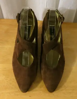 Colin Stuart Women Size 7 Brown Suede Kitten Heel Shoes Crisscross Vintage • $23