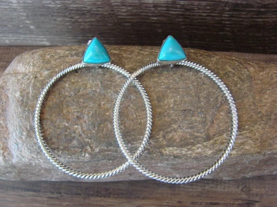 $132.99 • Buy Navajo Indian Sterling Silver & Turquoise Hoop Post Earrings - Betone