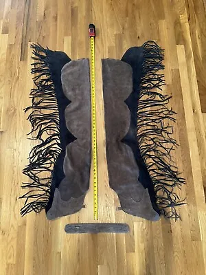 Custom Made Western Chaps Mens 30-34 Suede Leather Fringe Full Zip Dark Brn/Blk • $112.80