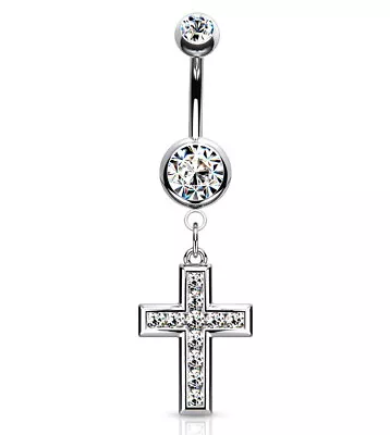 £4.20 • Buy Grade 5 Titanium - Crystal CROSS Dangle Belly Bar - 6mm 8mm 10mm 12mm 14mm