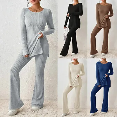 Womens Loungewear Tracksuit Ribbed Knit Split Tops Flare Pants Casual Co-ord Set • £23.51
