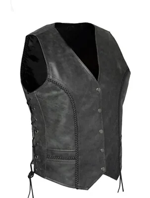 Women's Long Gray Motorcycle Vest With Braid Two Concealed Gun Pockets • £95.41