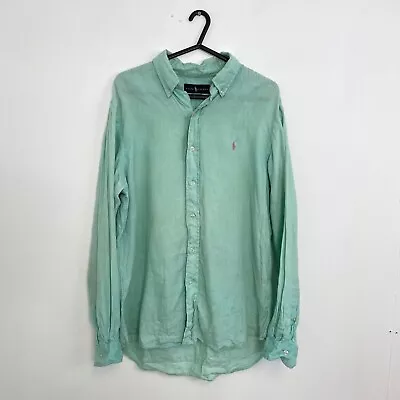 Ralph Lauren 100 % Linen Shirt Mens Size M Light Green Button-Up Logo *READ* • £34.99