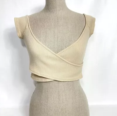 Miss Selfridge Ribbed Jersey Wrap Crop Top Cap Sleeve Beige Tee Women 6 S Small • $11.50