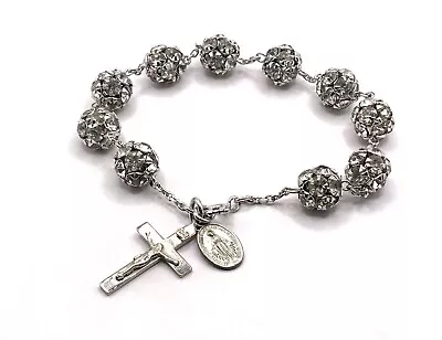 Vintage DIROMA Sterling Silver Rhodium Plated Catholic Rosary Bead 8” Bracelet • $39.99