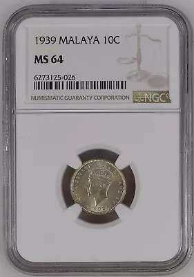 1939 MALAYA 10 Cents - NGC MS 64 • $39