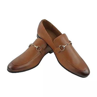 Genuine Leather Mens Cognac Brown Slip On Loafers Gold Buckle Dress Shoe AZARMAN • $49