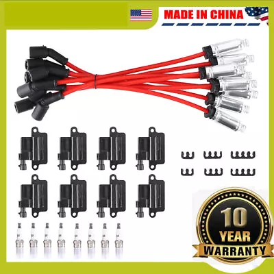 For Chevy GMC 4.8L 5.3L 6.0L 8.1L 8 Pack Square Ignition Coil & Spark Plug Wire • $96