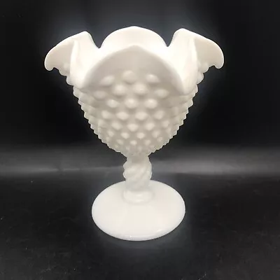 VTG Fenton Hobnail Milk Glass Ruffle Edge Pedestal Compote Candy Dish 5.5” High • $12