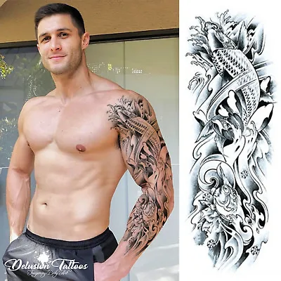 £4.99 • Buy Realistic Temporary Tattoo Sleeve - Grey, Black Koi Carps, Mens, Womens, Kids