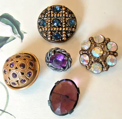 5 Vintage Antique Metal Buttons W Purple Blue Aurora Borealis Rhinestones& Glass • $9