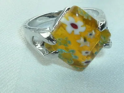 Yellow Flower Millefiori Glass Silver Tone Ring Size 10 • $16.20