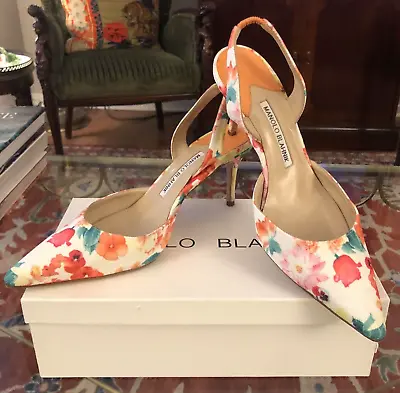 Manolo Blahnik Fabric Floral Carolyne Shoes 38.5 W Box. 3 Inch Heel. Worn Once. • $189.99