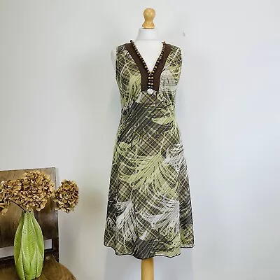 Mexx Green White Brown Graphic Leaf Print Beaded Neckline Sleeveless Dress 10 • £12